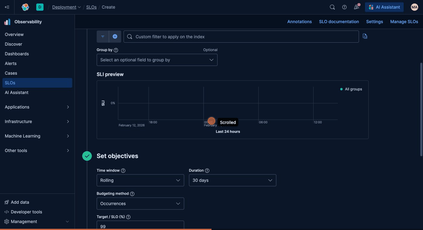 Creating a search latency SLO in Kibana showing SLI preview chart, rolling time window, and 99% target objective setting