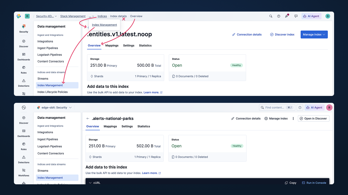 Kibana breadcrumbs repeating a page title and tab name, annotated to show misconfigured navigation hierarchy