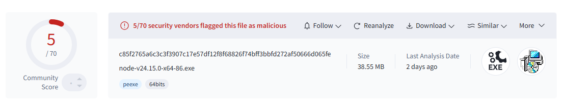 VirusTotal with small amounts of detection