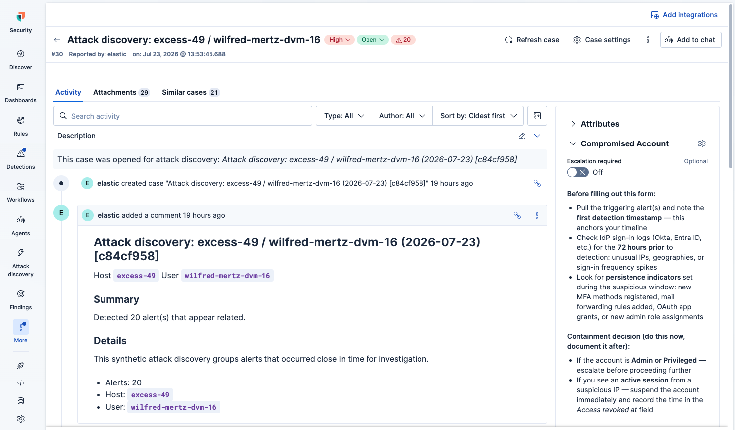 “Compromised Account” template applied to a case