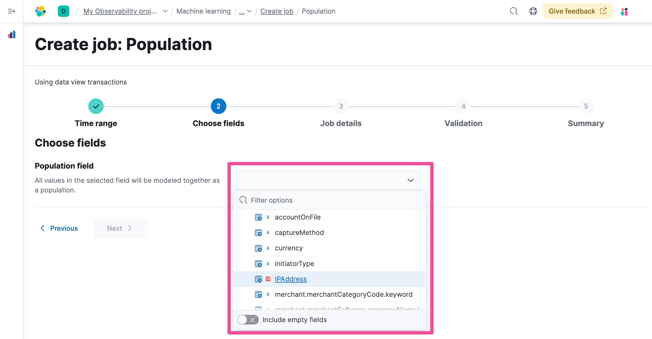Configure anomaly detection job population
