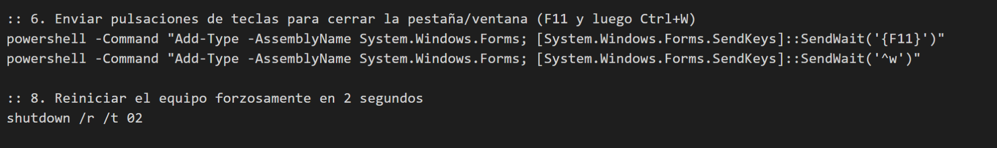 Batch script commands SCMBANKER uses to close its decoy tab and force a reboot