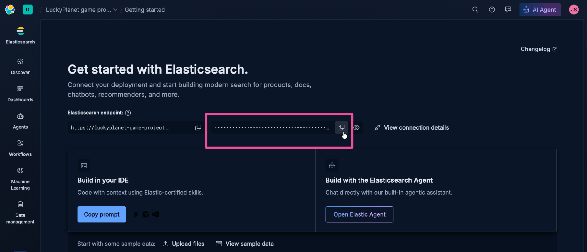 Screenshot of a dark‑themed interface showing a workspace titled "Lucky Planet Agent." The main panel displays the heading "Get started with Elasticsearch" and text about connecting a deployment to build modern search for products, docs, and chatbots. The focus is on the Copy API key button.