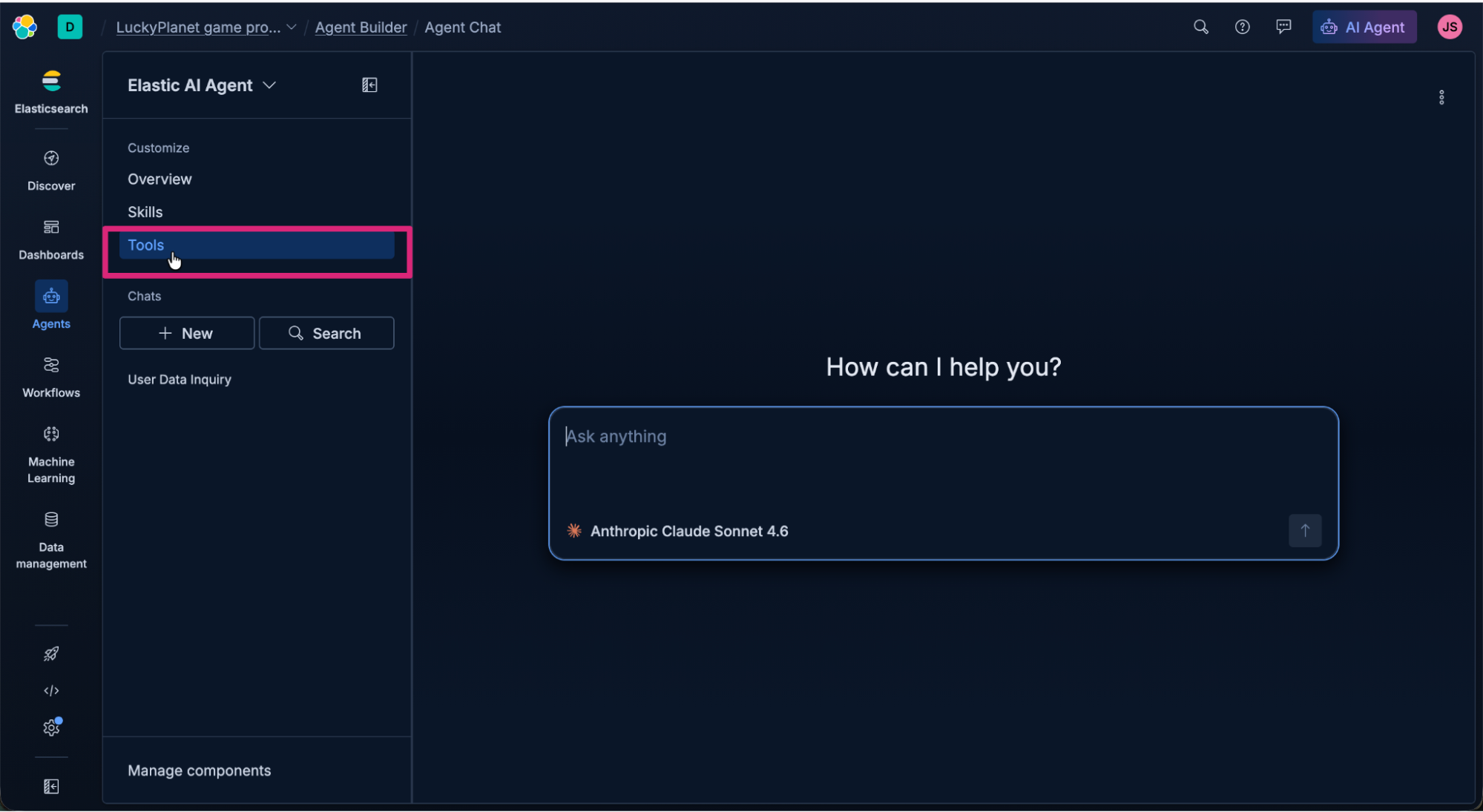 Screenshot of the Elastic AI Agent interface in dark mode, showing the left sidebar with navigation options, such as Discover, Dashboards, Agents, Workflows, Machine Learning, and Data management. Under the Elastic AI Agent section, menu items include Customize, Overview, Skills, Tools, Chats, and User Data Inquiry. The focus is on the “Tools” option. The main workspace displays a chat panel with the prompt “How can I help you?” and the input “Ask anything.”