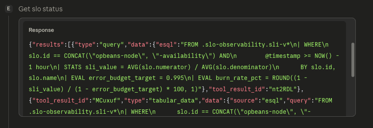 Agent calls get_slo_status and returns the current SLO burn rate