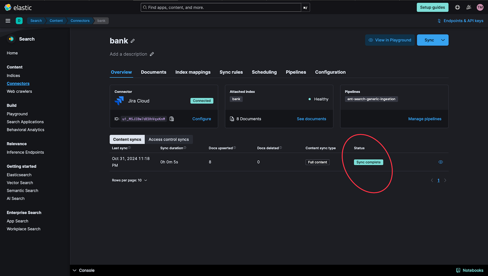 check the Elastic Jira connector's Overview to see if the sync was successful.