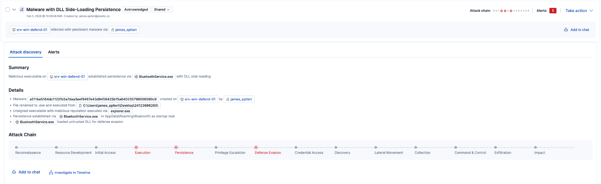 Shows the Attack Discovery showing a summary of the correlated attack