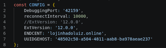 Framesync malicious browser extension config showing version 12.0.0 and the lojinhadoluiz[.]online C2
