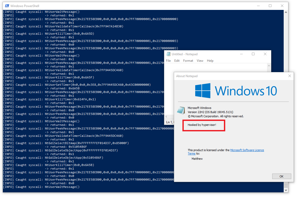 notepad.exe being emulated by WinVisor, including a hooked syscall (NtUserCreateWindowEx) for demonstration purposes