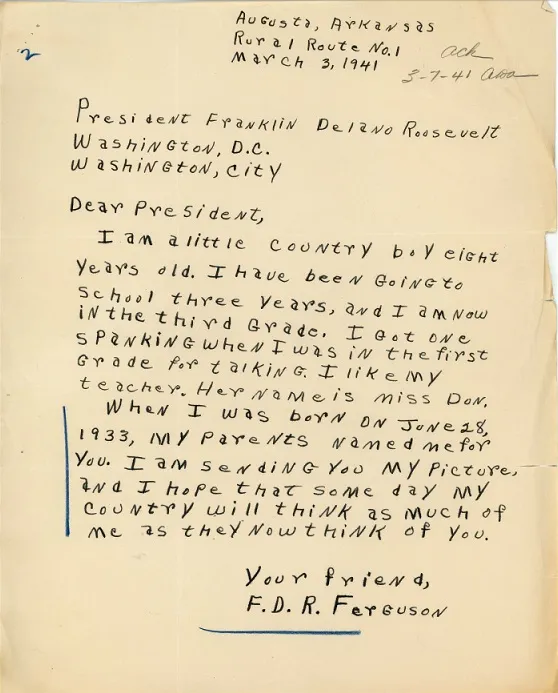 Handwritten 1941 letter to President Roosevelt from a child, used to test OCR on block handwriting