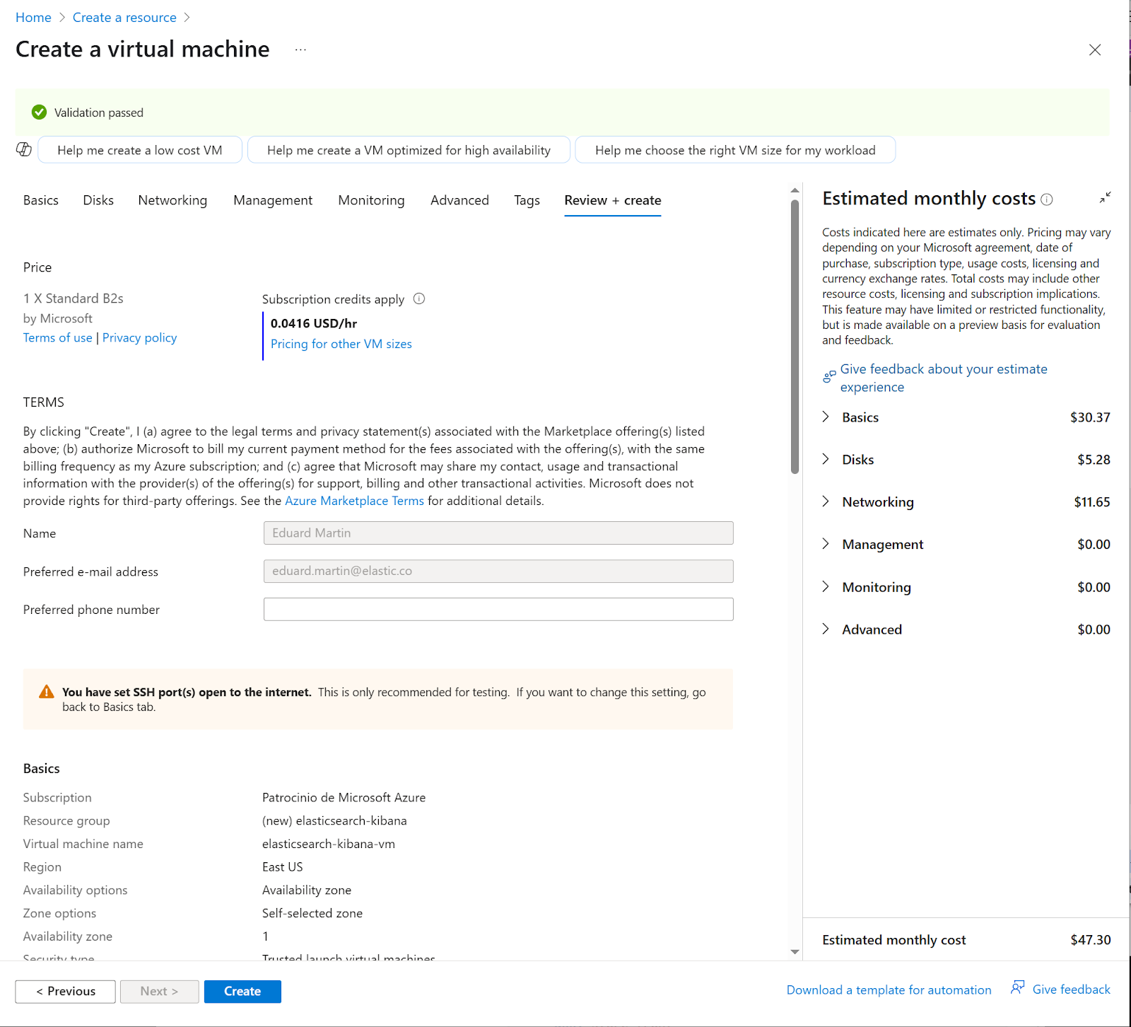 Validation passed message when creating a virtual machine in Microsoft Azure.