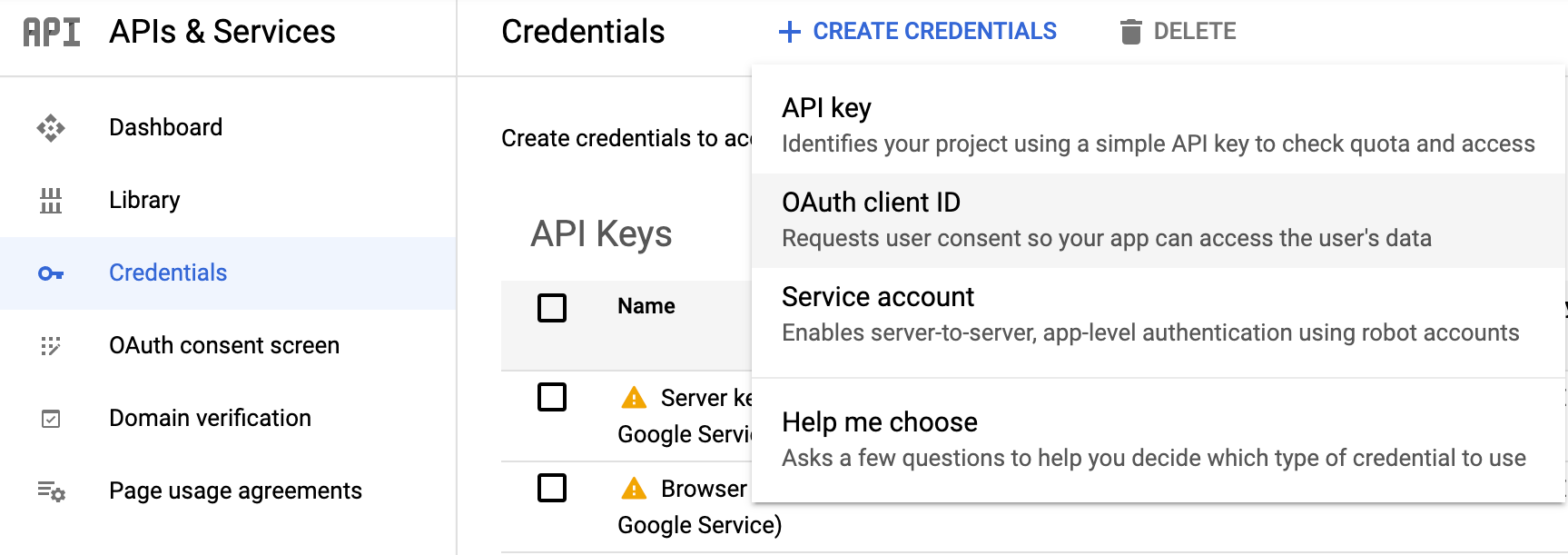 Create OAuth credentials in GCP