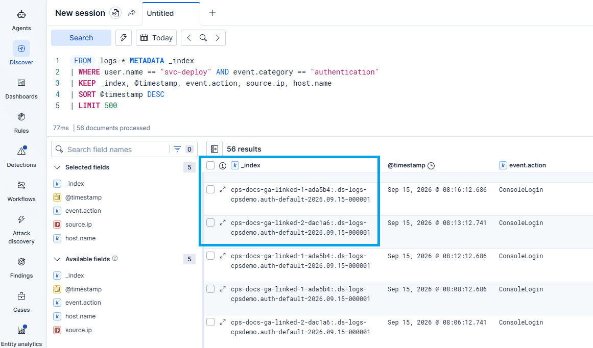 ES|QL query in Discover returning rows from two linked projects, with the _index prefix showing tenant attribution