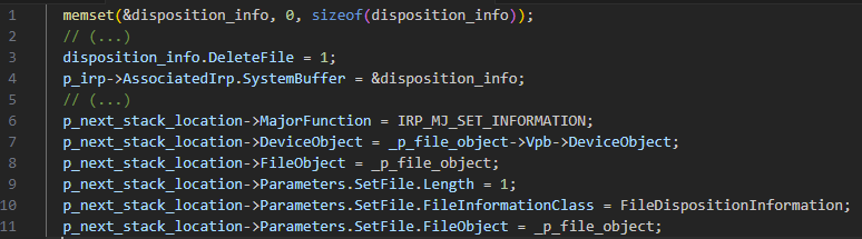 Building IRP_MJ_SET_INFORMATION IRP to delete file 0x67B4