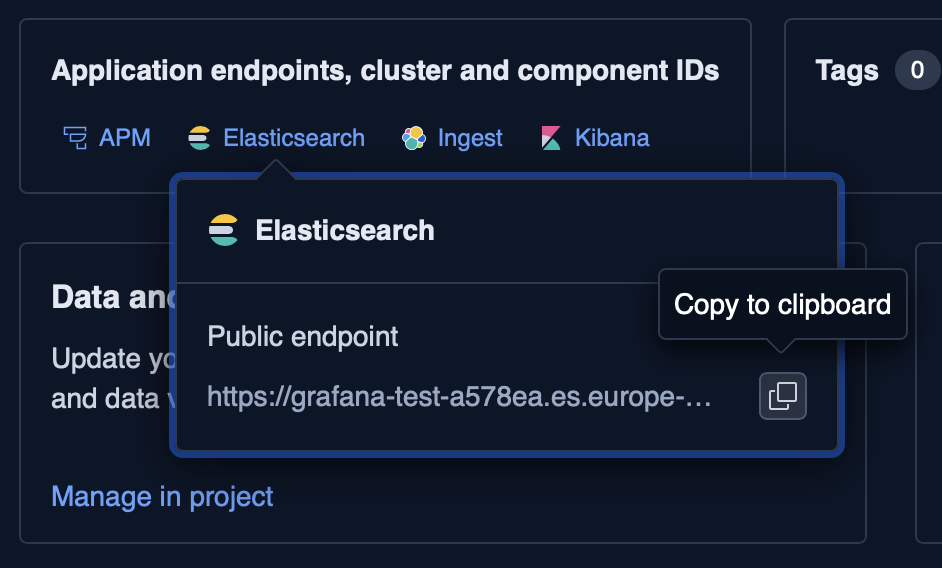 Elastic Cloud console showing the Application endpoints panel with the Elasticsearch endpoint and copy button