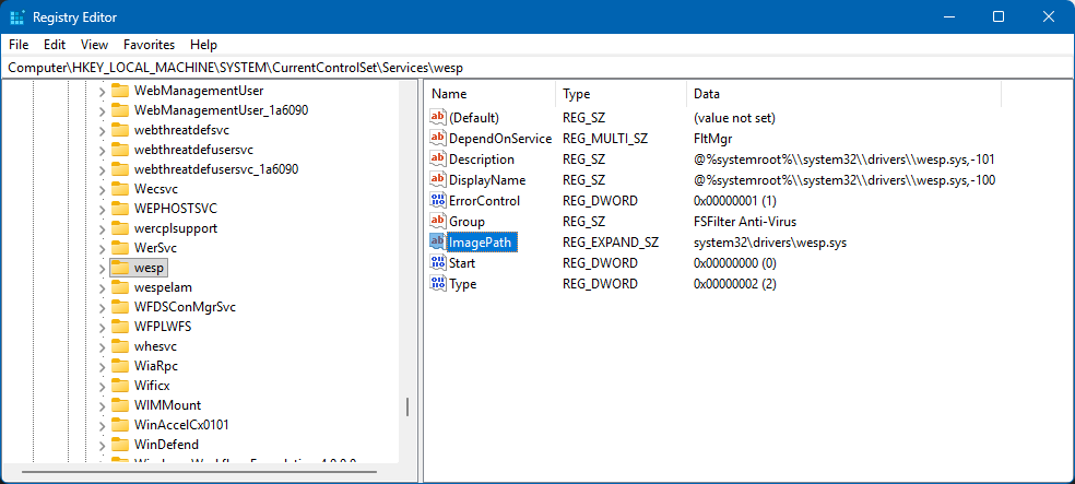 Registry Editor showing the wesp service key with ImagePath system32\drivers\wesp.sys and Type 2 file system driver