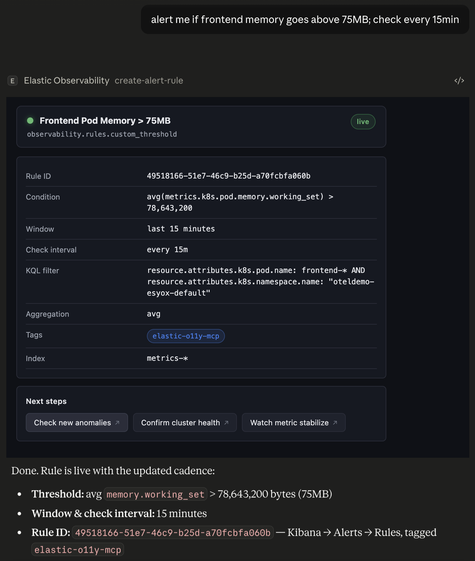 AI-created Kubernetes alert rule for frontend pod memory via Elastic MCP observability tool