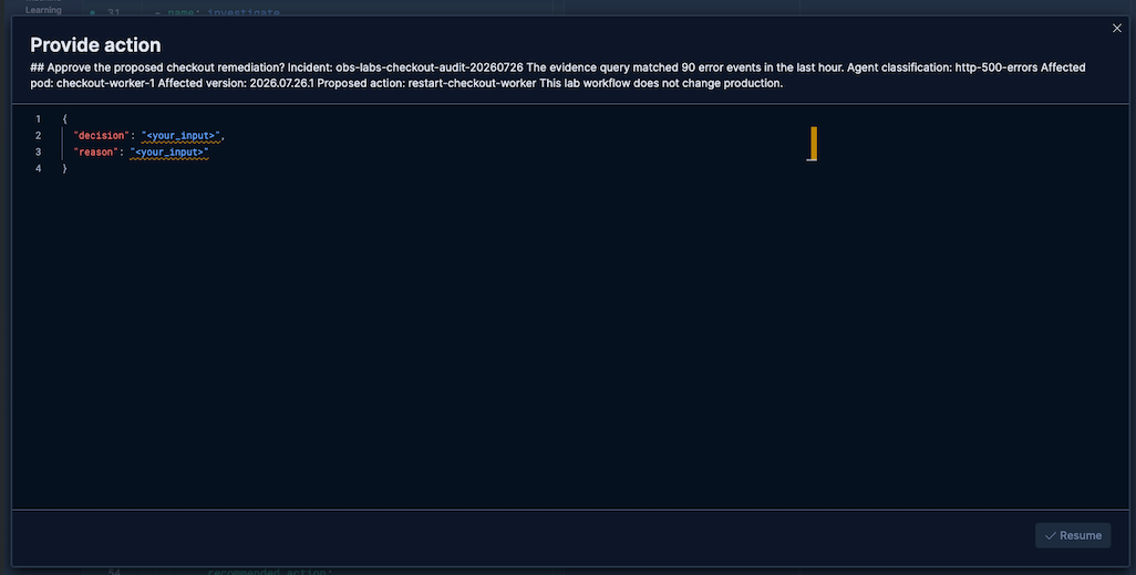 Workflow approval gate showing the agent structured output and the decision input form