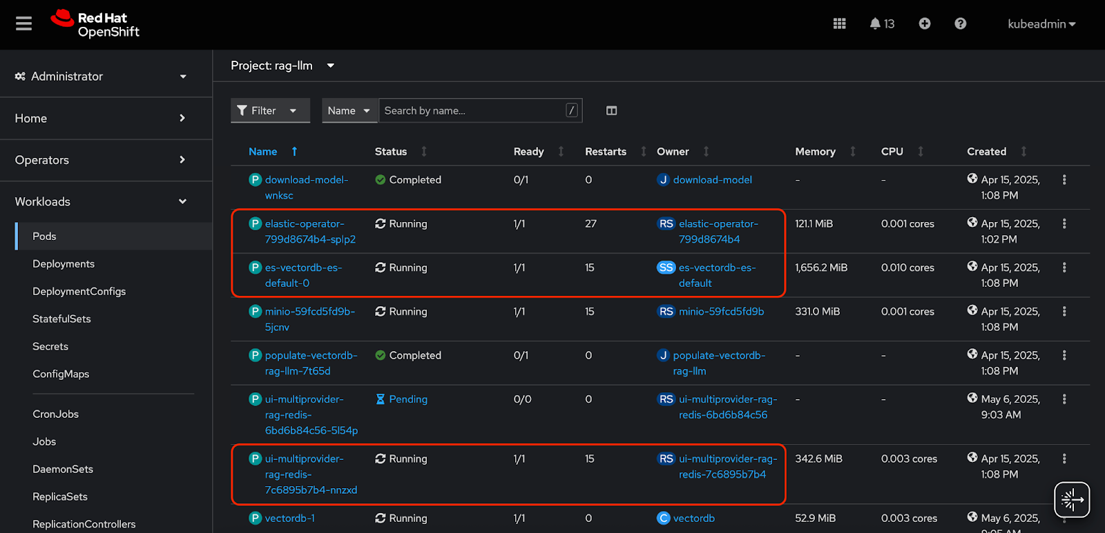 Verifying deployment in the OpenShift web console.