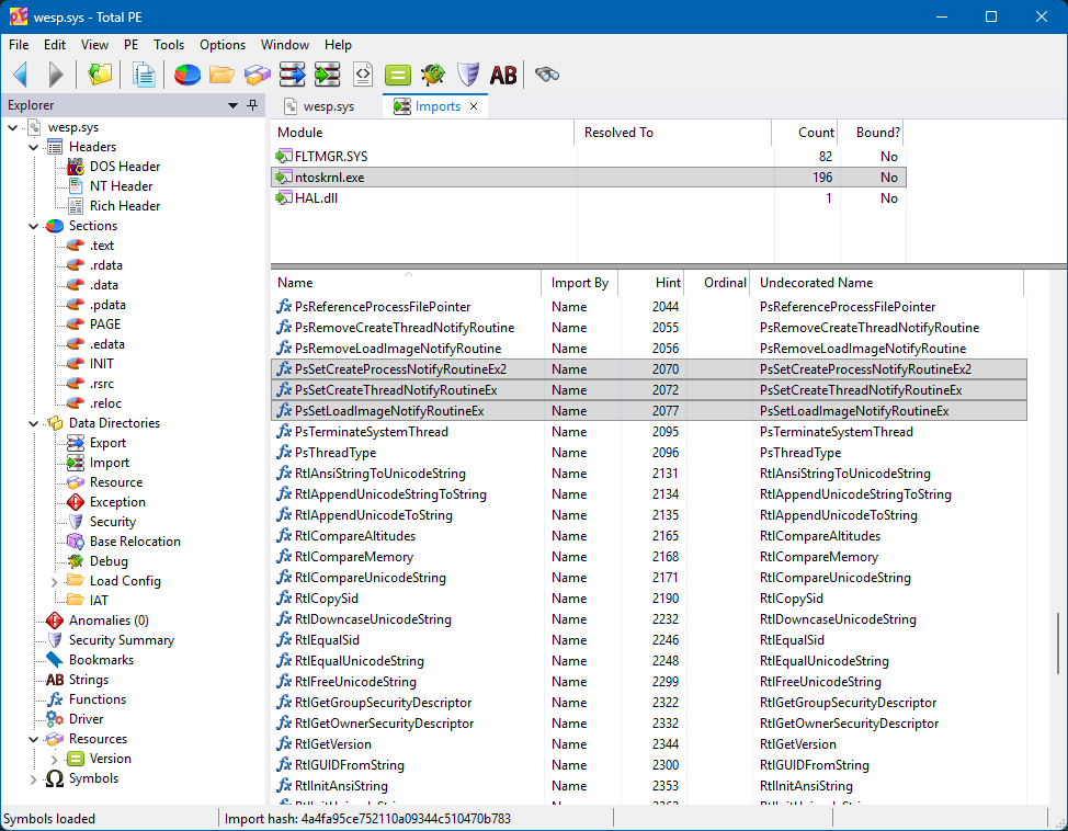 wesp.sys imports in Total PE showing FLTMGR.SYS and process, thread and image notify routines from ntoskrnl.exe