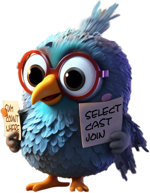 Cartoon bird holding notes of SQL keywords, illustrating LLM text-to-ES|QL query generation