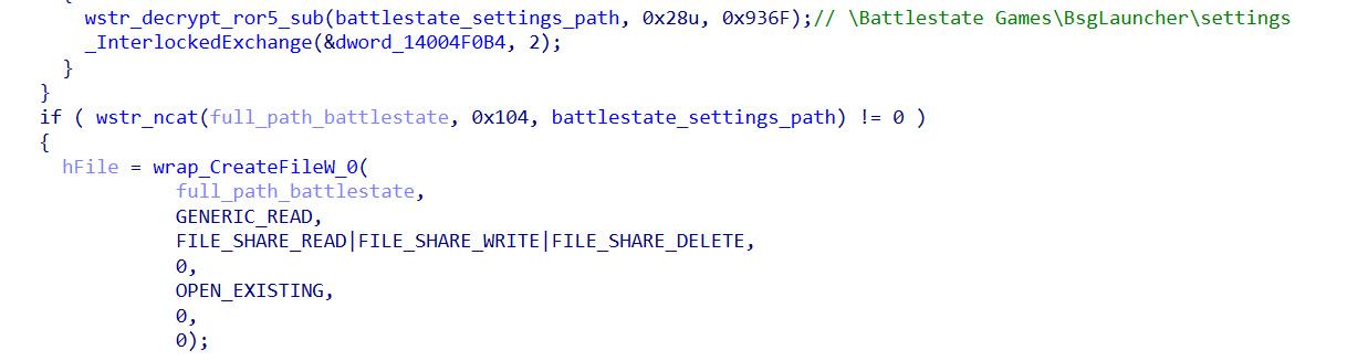 REVSTEALER code reading the Battlestate Games launcher settings file for gaming session hijacking