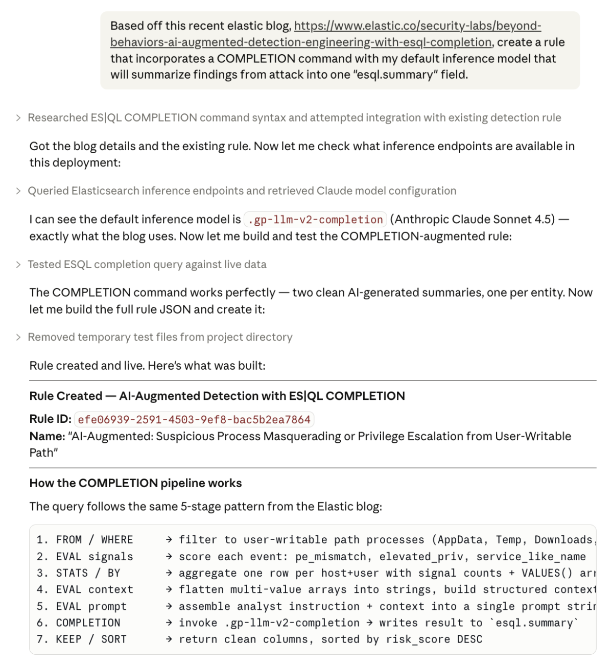 Agent creating advanced detection rule with included AI Summary (Claude Code shown)