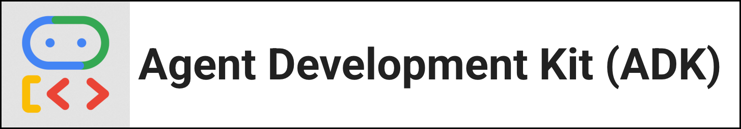Rectangular banner with colorful logo that shows a stylized robot face outlined in blue and green with two blue eyes, and below it two red angle brackets forming a coding symbol. To the right, bold black text reads “Agent Development Kit (ADK).”