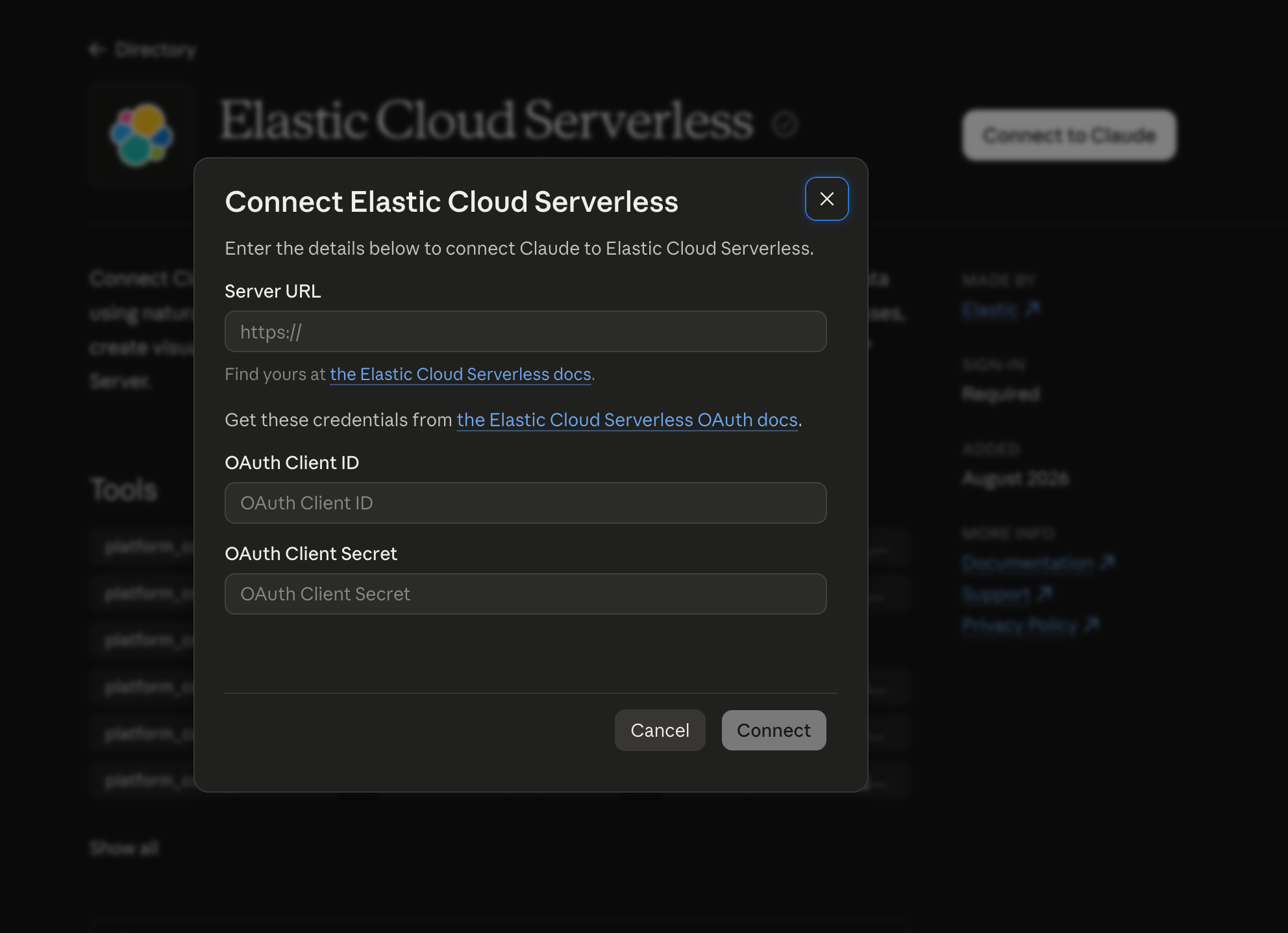 Fixed MCP connector form prompting for server URL, OAuth client ID and secret, with links to Elastic OAuth docs