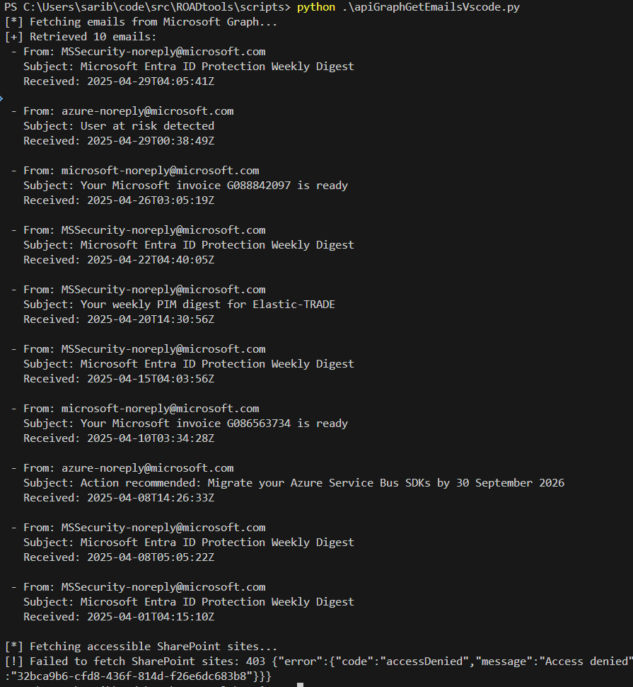 Figure 4: Leveraging access token to access user emails via Graph API