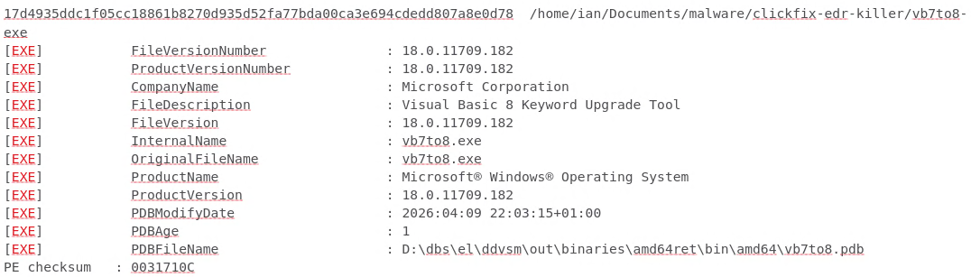  vb7to8.exe file metadata showing Microsoft Corporation as publisher and Visual Basic 8 Keyword Upgrade Tool.