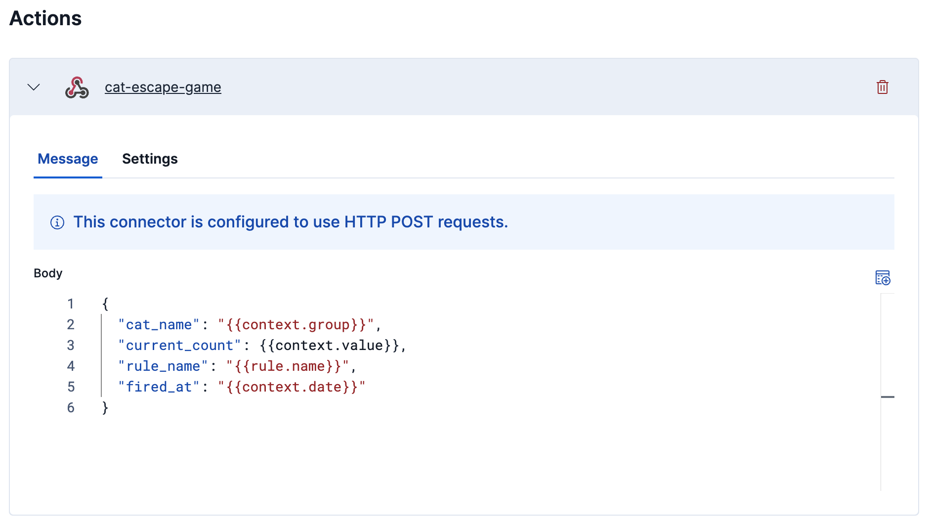 Webhook action body in Kibana passing cat_name, current_count, rule_name and fired_at to the game