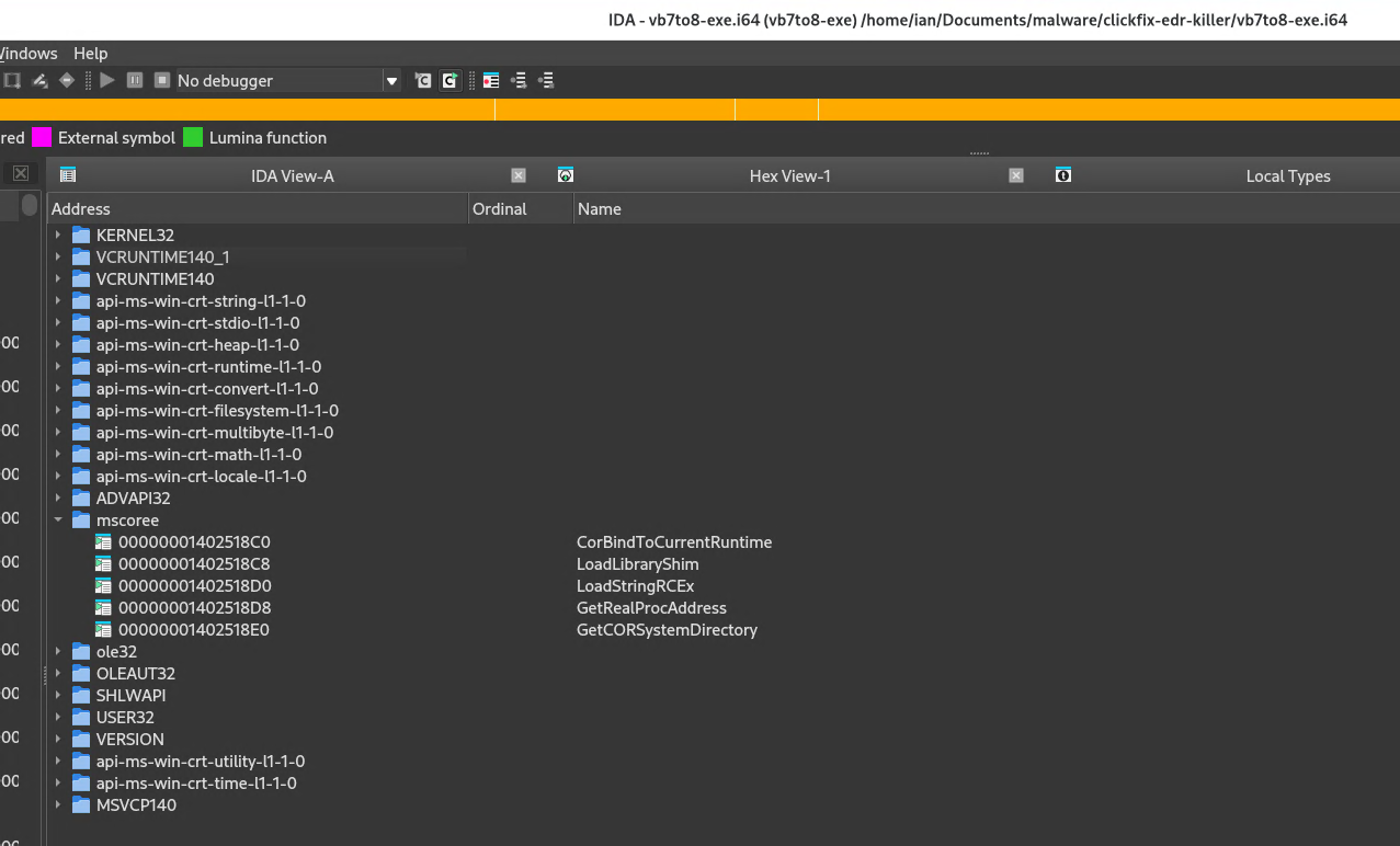  Interactive Disassembler (IDA) import tree for vb7to8.exe with the mscoree entry expanded to show LoadLibraryShim and GetRealProcAddress.