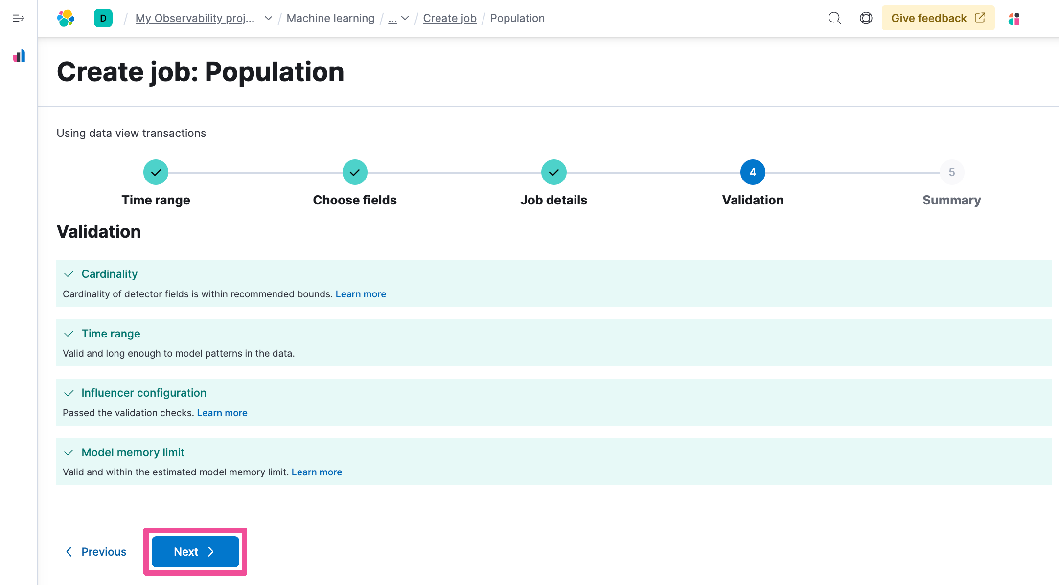 Configure anomaly detection job population confirm create next