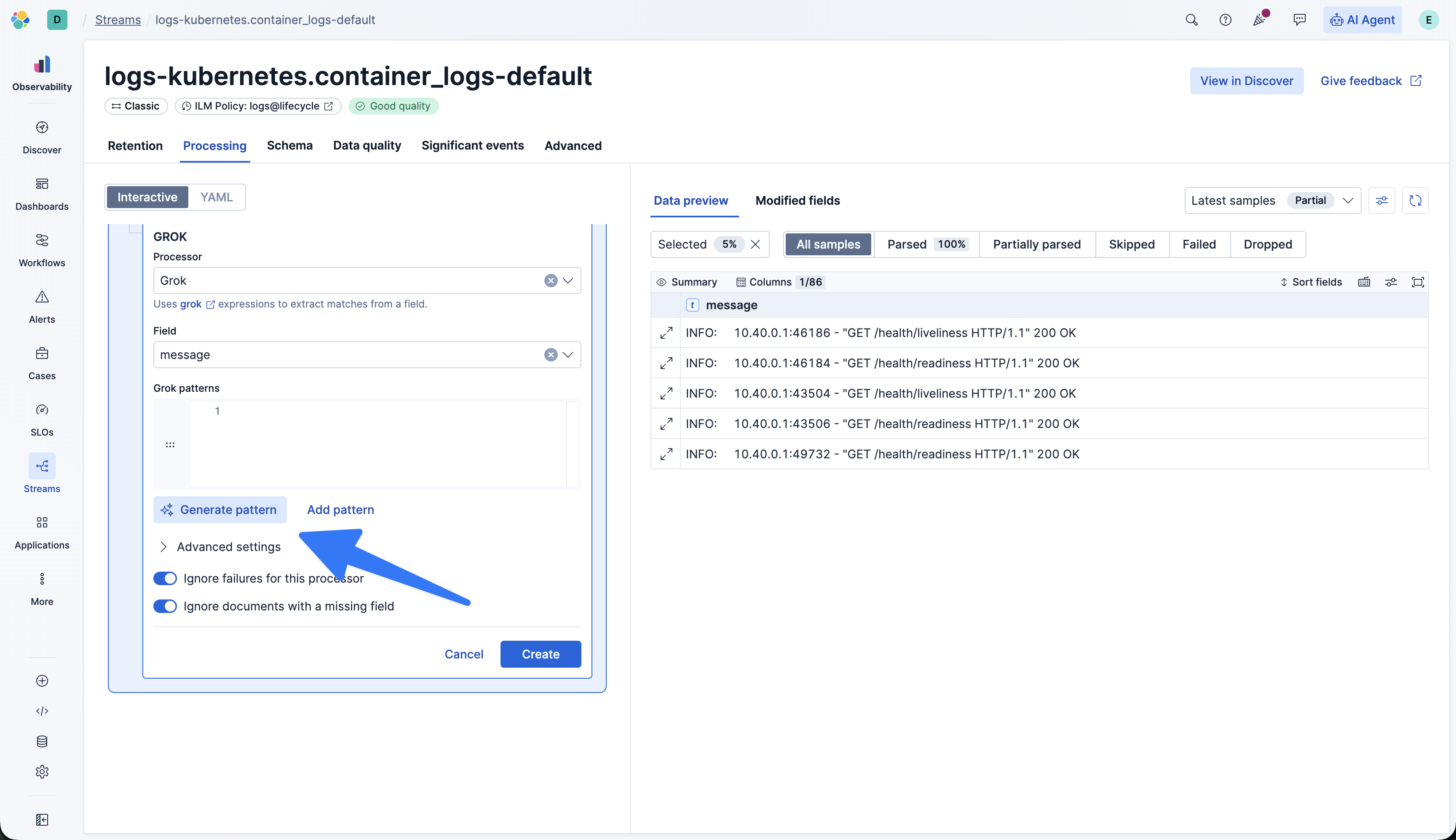 Generate pattern button in Elastic Streams using AI to process Kubernetes logs
