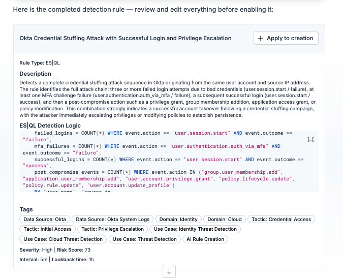 Resulting rule in the AI Agent panel and button to apply.