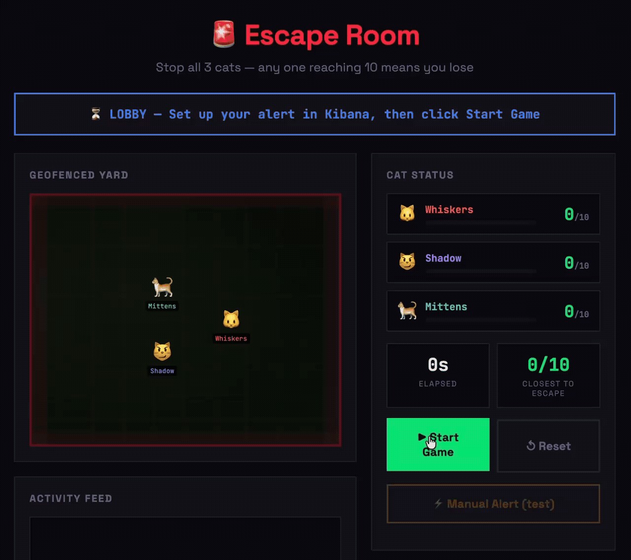 Great Cat Escape game lobby with three cats at 0/10 escape attempts in a geofenced yard
