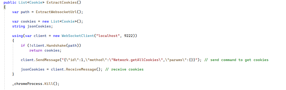 Chrome DevTools Protocol used to retrieve cookies