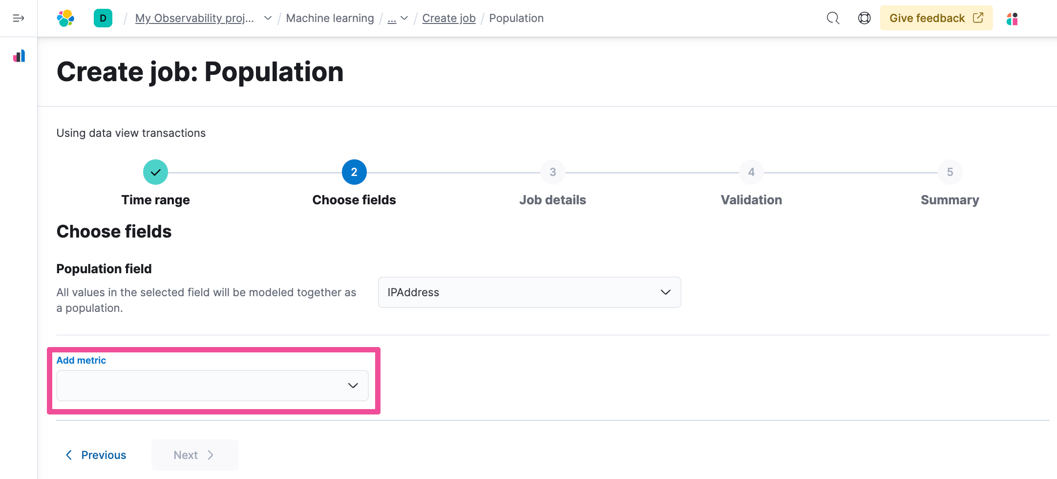 Configure anomaly detection job population select add metric