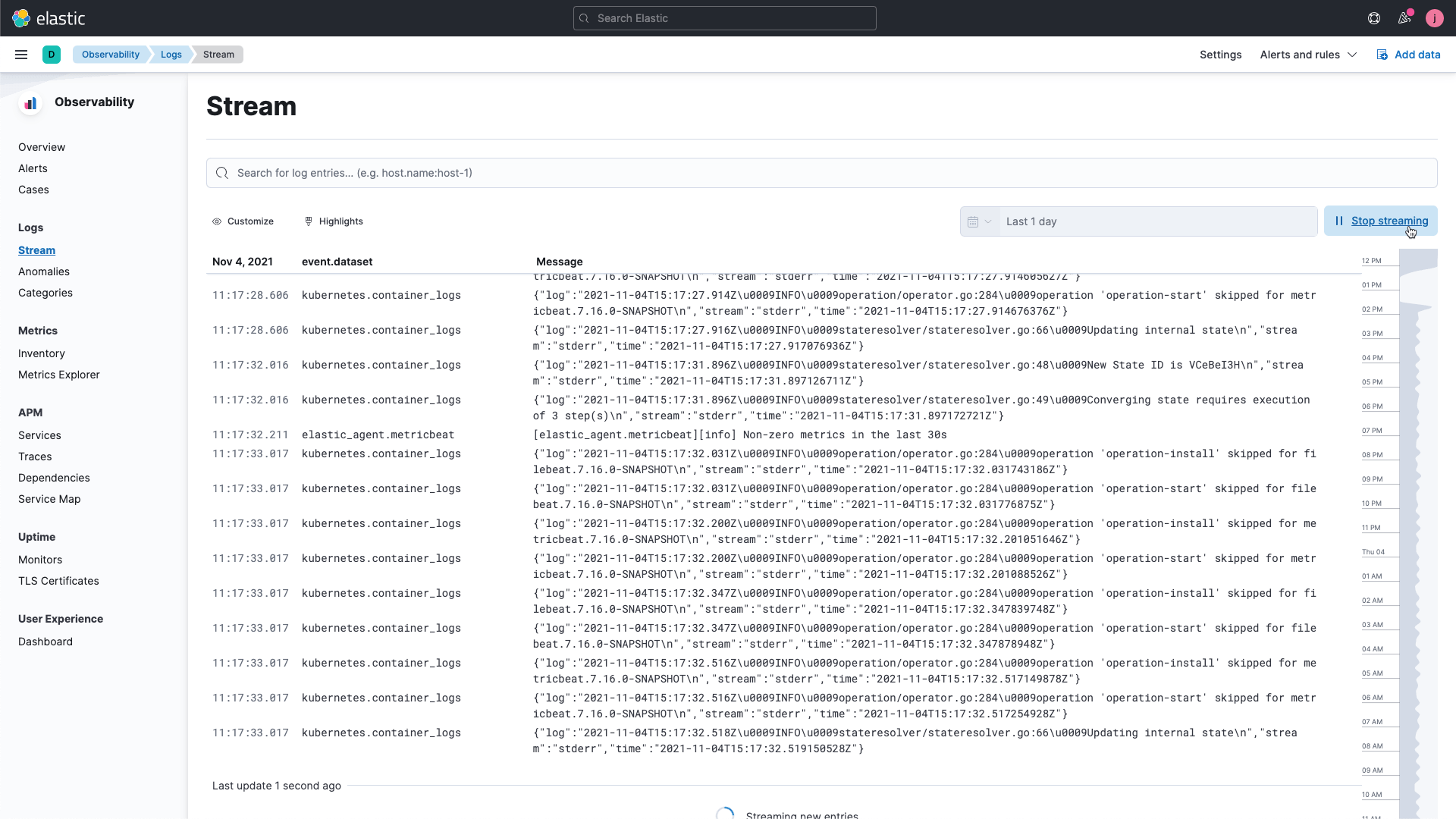 Log monitoring stream in Elastic Kibana