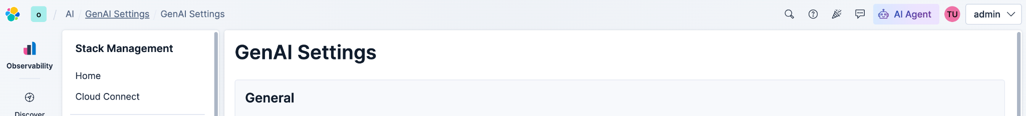 Kibana page header with a breadcrumb trail repeating the GenAI Settings page title