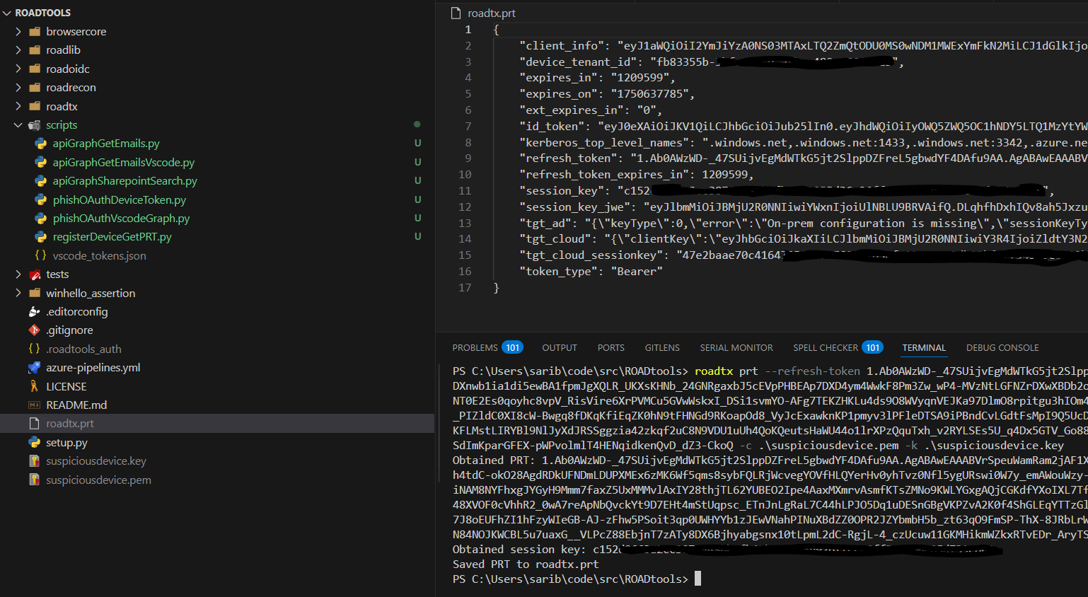 Figure 10: “prt” command with refresh token, PEM certificate and private key to obtain a PRT