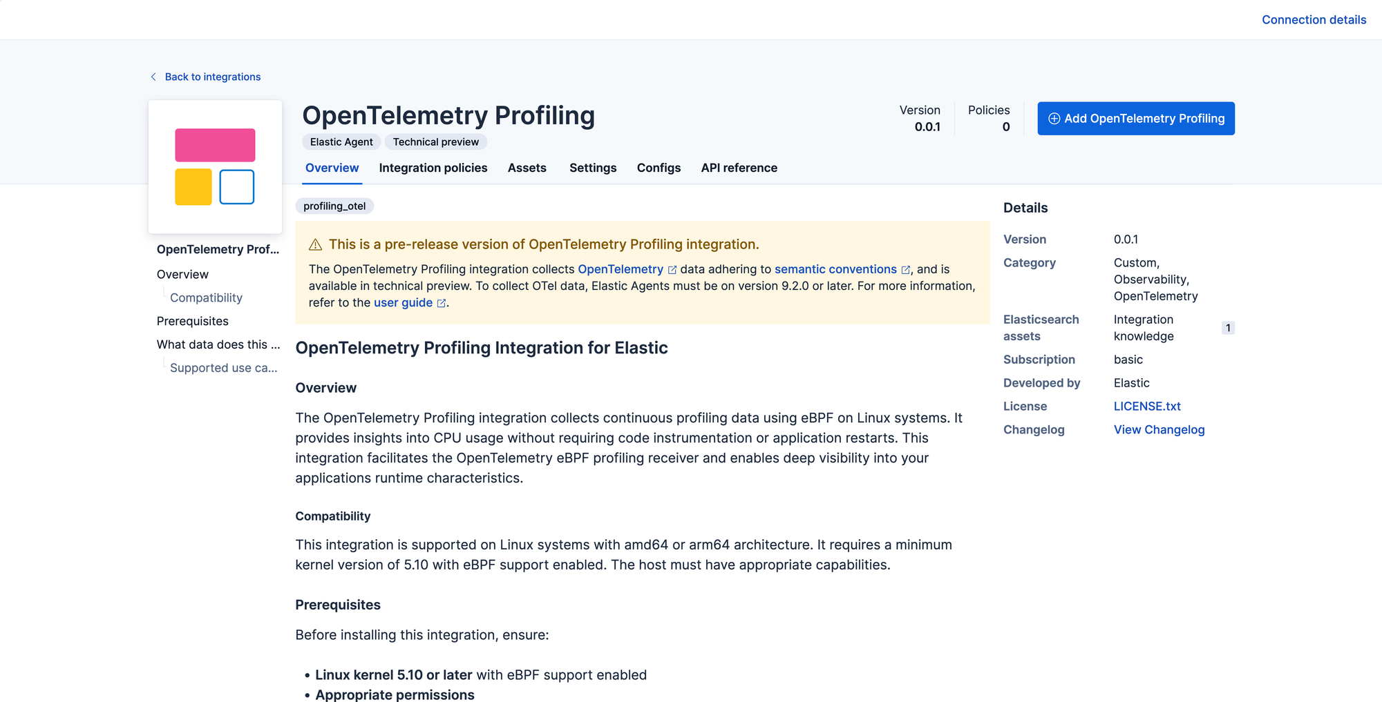 Kibana integration page for OpenTelemetry Profiling 0.0.1, the continuous profiling technical preview, with Add button