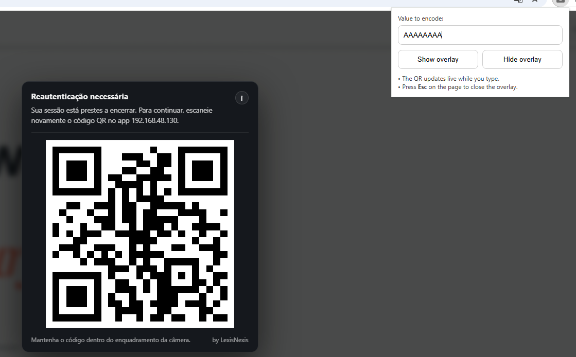 Malicious browser extension showing a Portuguese QR reauthentication overlay on a test banking page