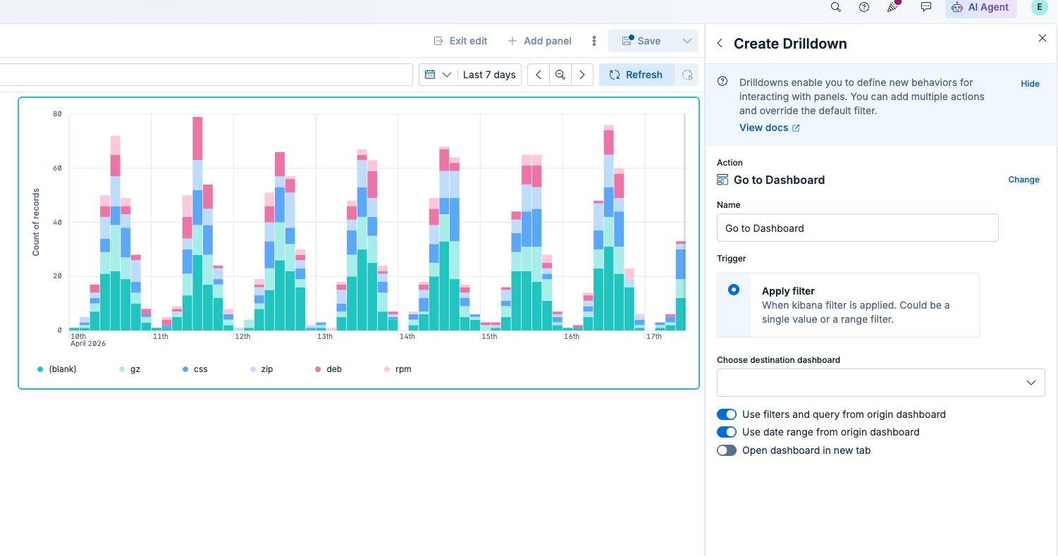 Dashboard showing a stacked bar chart by date with color‑coded file types and a drilldown configuration panel on the right.