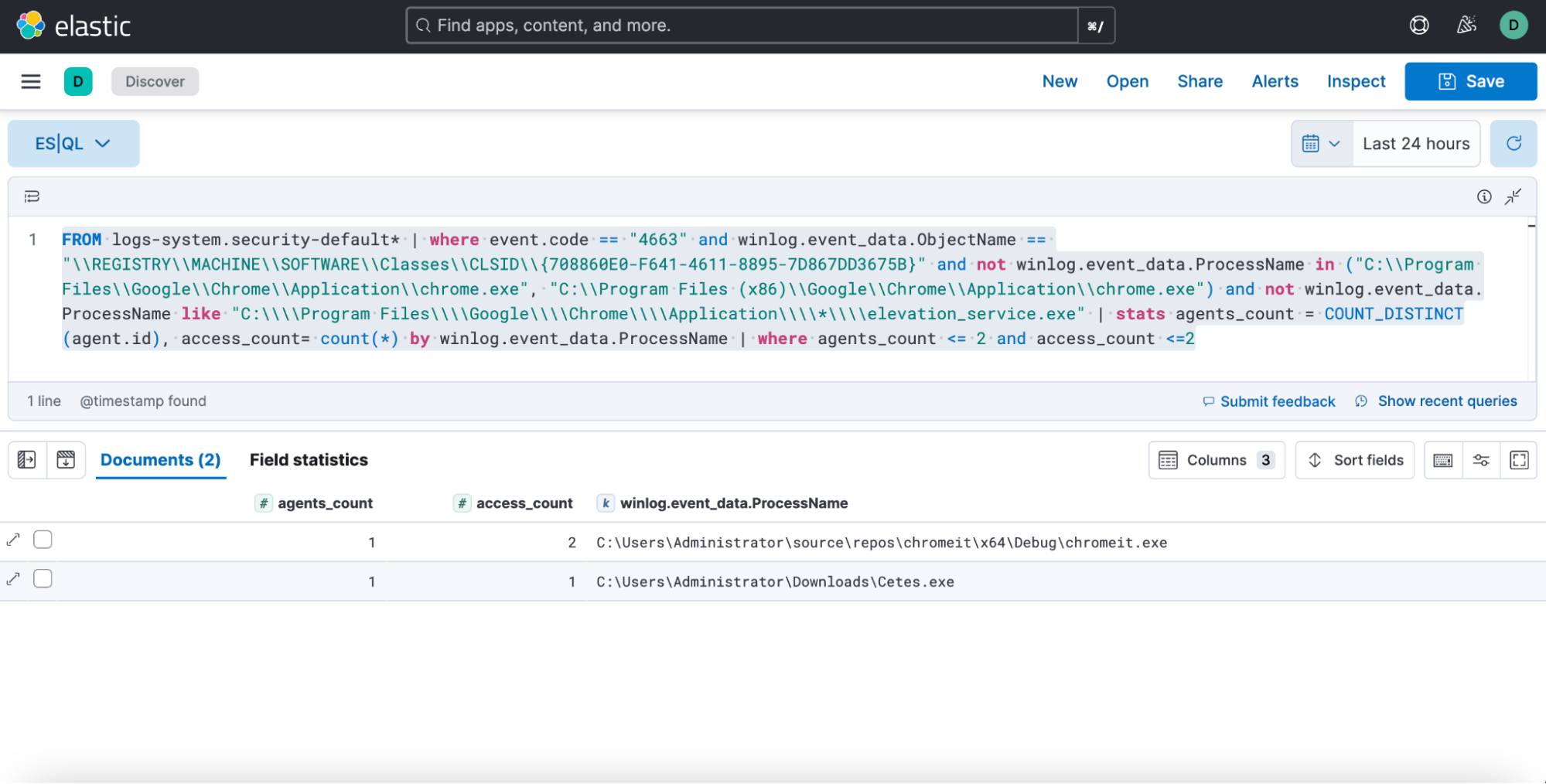 ES|QL query results for suspicious access to chrome elevation service registry