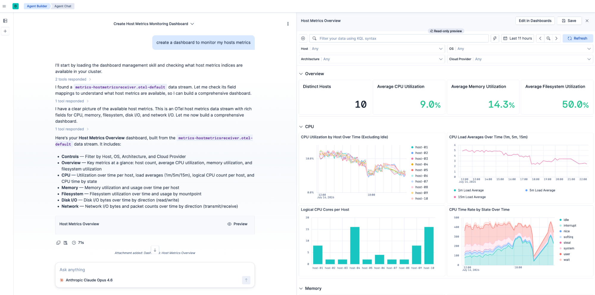 Kibana AI chat generating an ES|QL-backed host metrics dashboard with automatic filter controls in 71 seconds